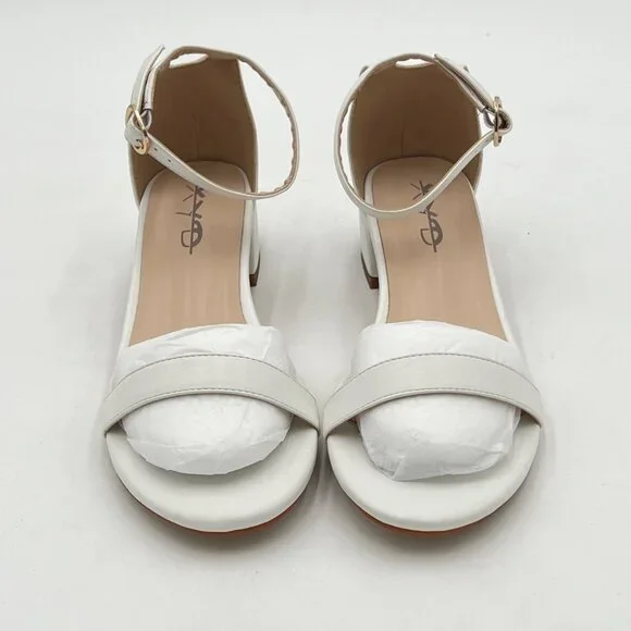XYD White Open Toe Strappy Low Block Heel Sandal Ankle Strap Buckled Shoes - Picture 3 of 6